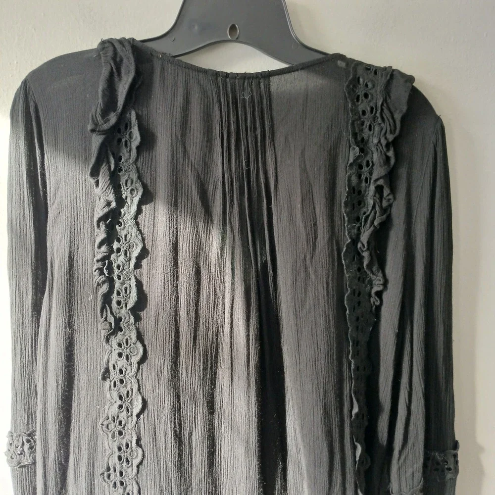 Free People Size Small Snow Angel Mini Dress Black Long Sleeve‎ Bohemian Slip - Picture 12 of 13